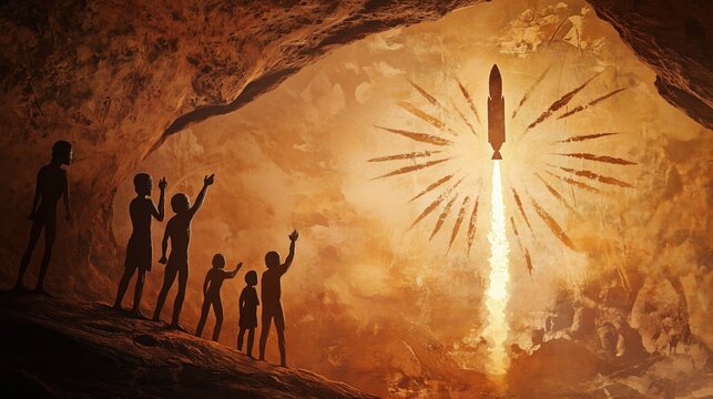 Primitive cave painting shows early humans watching a rocket launch, ancient rock art