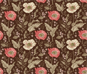 Seamless pattern. Beautiful blooming realistic isolated flowers. Vintage background fabric. Poppy Poppies wildflowers set. Wallpaper baroque. Drawing engraving sketch Vector victorian illustration © Наталья Лобенко