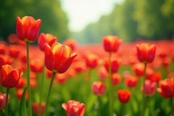 Obraz premium Tulips swaying in the breeze amidst a field of poppies, landscape, garden