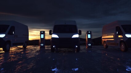 Modern electric delivery van is charged at the charging station. Electric car charging. 3d illustration