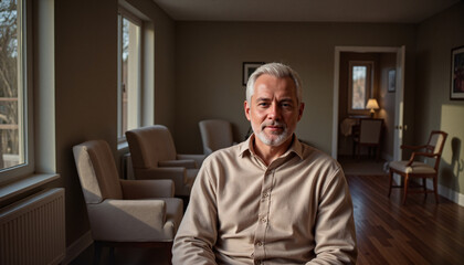 Obraz premium Elderly man with silver hair sitting alone in a nursing home, reflecting in warm afternoon light