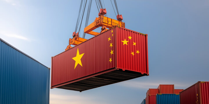 Crane lifting intermodal container with china and vietnam flags at a port