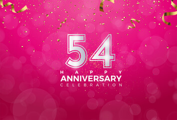 54th Anniversary celebration, 54 Anniversary celebration, Realistic 3d sign, stars, Pink background, festive illustration, Silver number 54 sparkling confetti, 54,55
