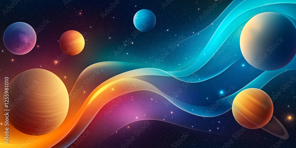 Poster colorful energy waves flowing through planets and stars in deep space