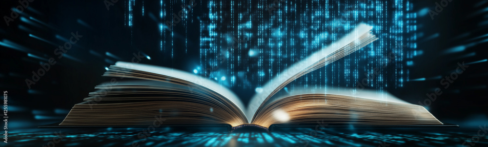 Poster Open book transforming into digital binary code stream data transfer