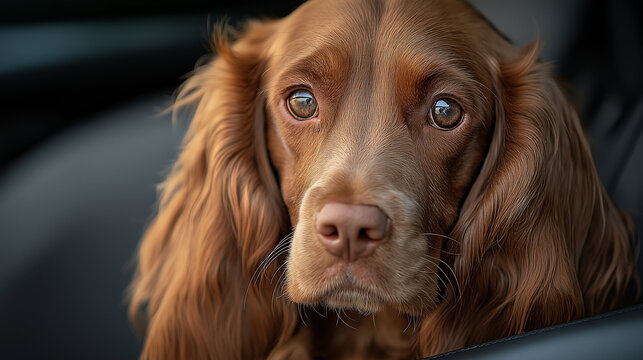 Portrait of adorable cocker spaniel dog looking at viewer with sad eyes