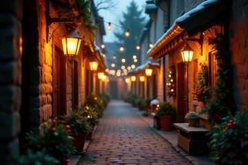 Fototapeta premium Warm glow of lanterns illuminating a cozy alleyway adorned with holly and mistletoe, mistletoe, holiday, warm