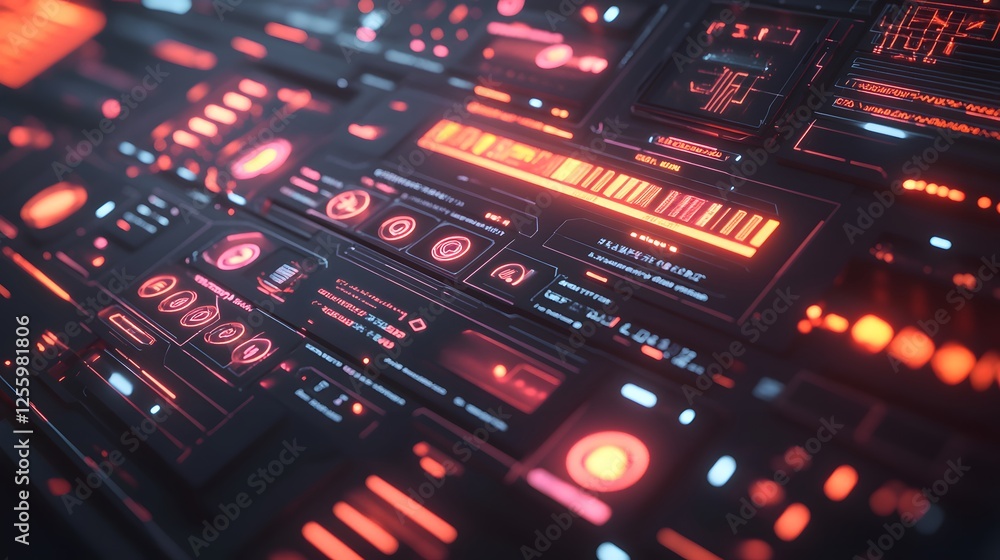 Poster futuristic interface panel displays red digital data