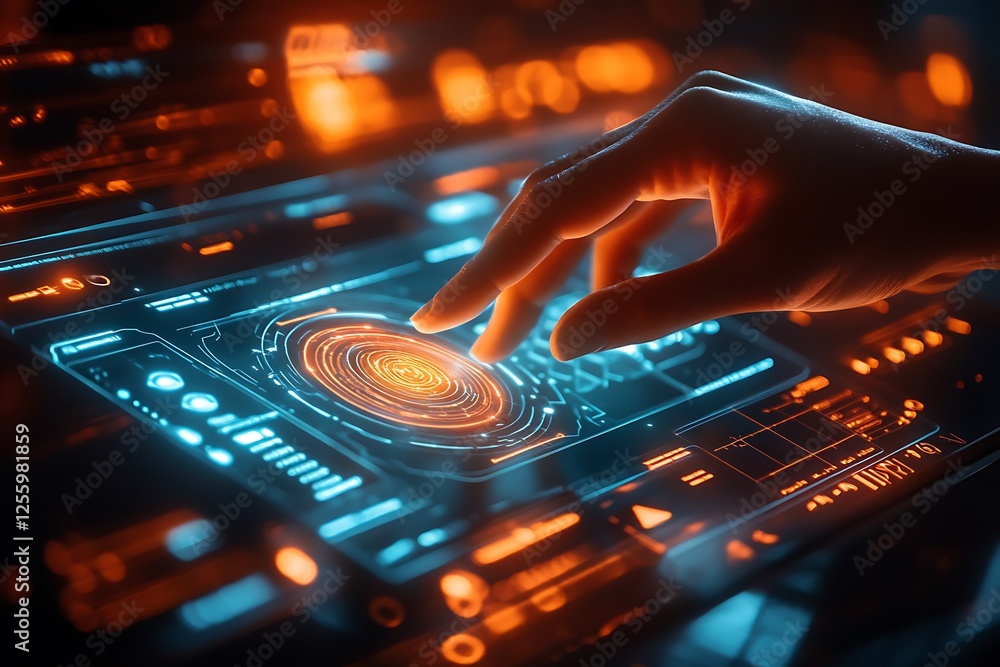 Poster futuristic interface with hand interacting with glowing circular element.
