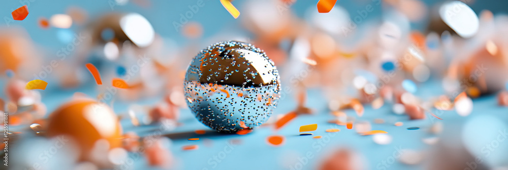 Wall mural Silver Sphere with Confetti on Blue Surface