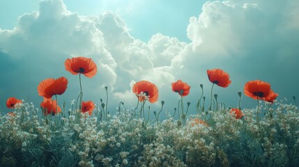 Obraz premium Vibrant Scarlet Poppies Under a Dramatic Sky Filled With Rolling Clouds and Soft Light Enhancing the Natural Beauty of a Floral Landscape