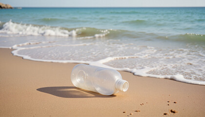 Discarded plastic bottle on wet sand near shoreline, highlighting beach pollution