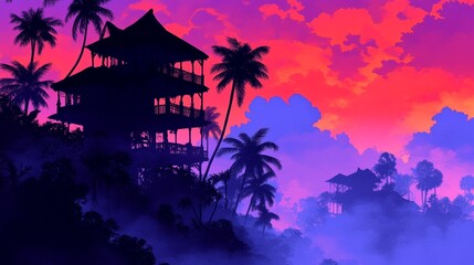 Obraz premium Silhouetted tropical houses on a hilltop at sunset. Vivid pink and purple sky.