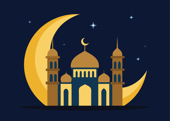 Obraz premium Glowing Crescent Moon Mosque Silhouette, Ramadan Vector Graphic Design Eid Art Islam Faith Night 