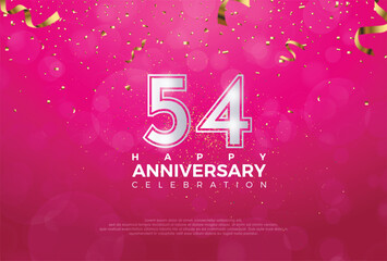 54th Anniversary celebration, 54 Anniversary celebration, Realistic 3d sign, stars, Pink background, festive illustration, Silver number 54 sparkling confetti, 54,55