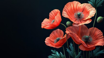 Vivid Red Poppies with Simple Green Leaves on Dark Background - A Stylized Floral Design for Artistic and Decorative Purposes