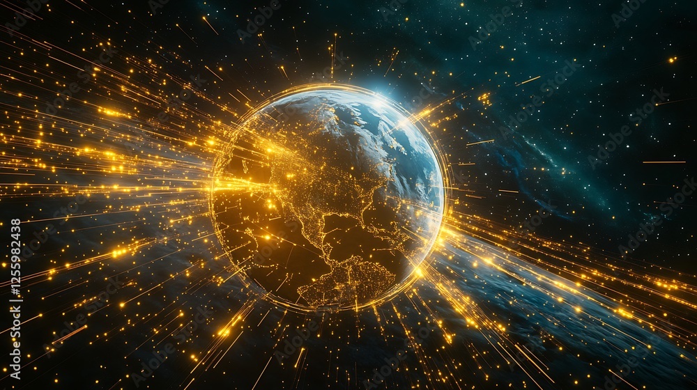 Poster digital earth with glowing data lines in space, a globe with yellow and white lines connection