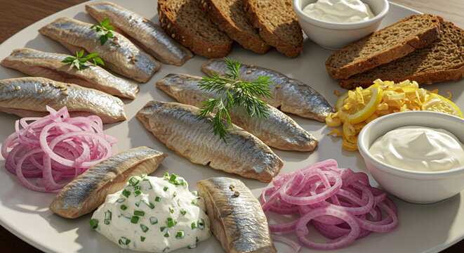A traditional Norwegian herring dish, served with pickled herring, onions, and accompanying sides for a flavorful, authentic meal.
