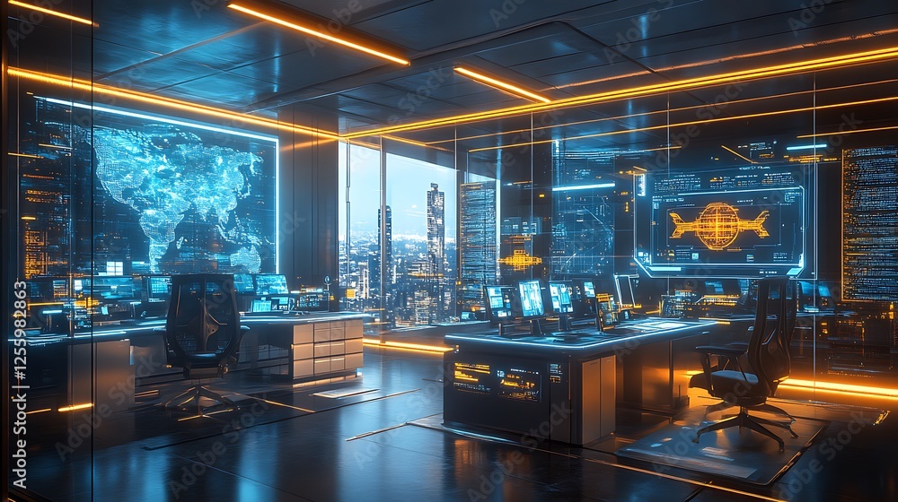 Poster futuristic office with digital displays showing world map and data streams.