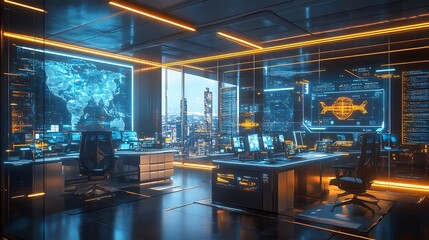 Futuristic office with digital displays showing world map and data streams.