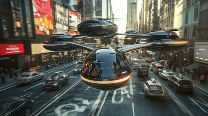 A futuristic cityscape with flying cars and traditional vehicles on the road, surrounded by tall buildings and greenery, showcasing advanced technology and urban development.