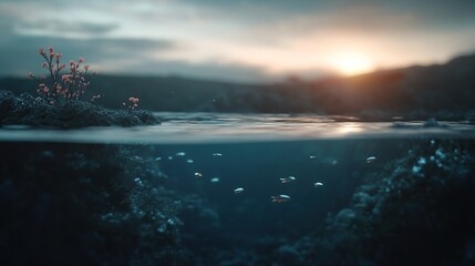 Obraz premium Sunset over coral reef, underwater scene, tranquil ocean, marine life, nature background, environmental conservation