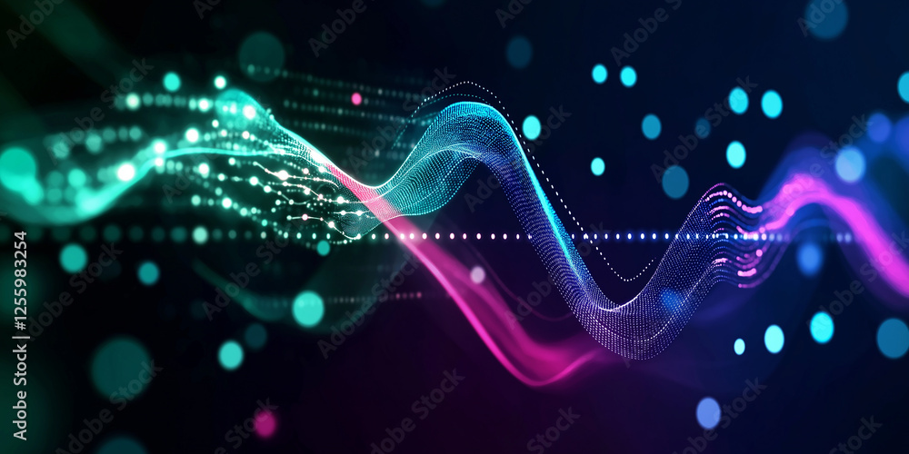 Poster Abstract futuristic flowing data stream visualization with dots and lines