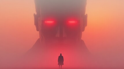 A lone figure confronts a colossal, ominous face with glowing red eyes in a hazy, red-toned landscape.  A chilling digital art piece.
