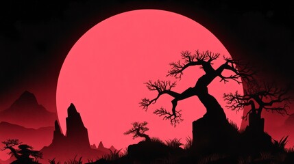 Obraz premium Silhouette of trees against a vibrant red moon. A dramatic and moody landscape.