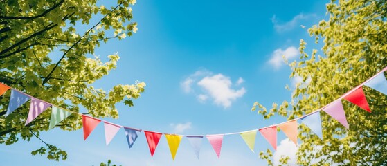 Vibrant Festive Pennants Hanging in Green Tree