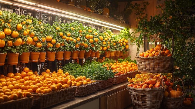Vibrant farmers market: fresh citrus and greens in woven baskets display