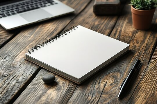 Workspace with blank notepad pen laptop and plant creating a scene for inspiration and organization on a wooden desk - Powered by Adobe