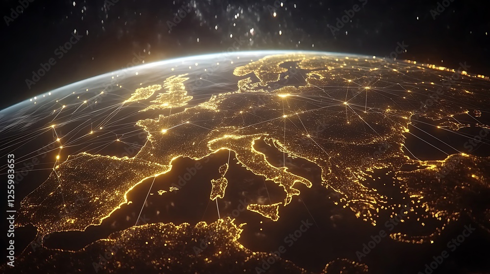 Poster digital earth with glowing data lines in space, a globe with yellow and white lines connection