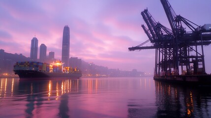 Container ship at dawn, harbor, city skyline, cargo loading