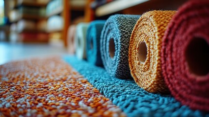 Colorful rug rolls displayed in a shop