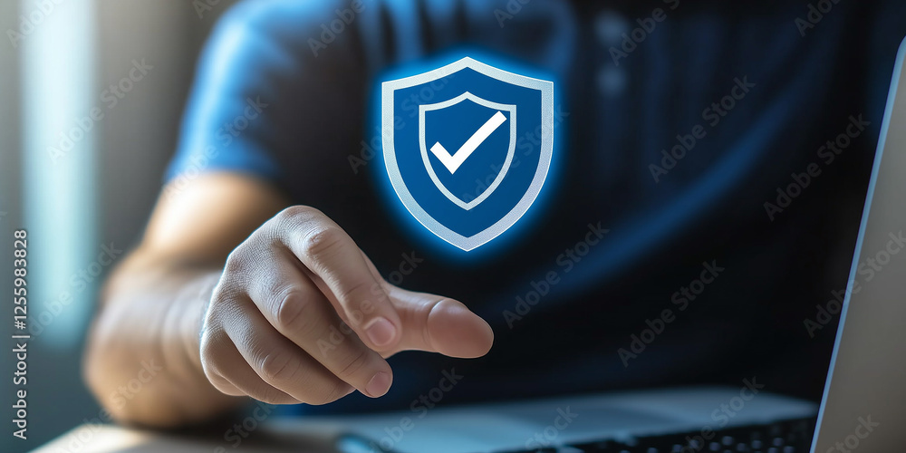 Aufkleber businessman using laptop and activating security shield with check mark, ensuring data protection