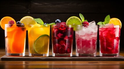 Fresh Iced Fruit Drinks on Wooden Background