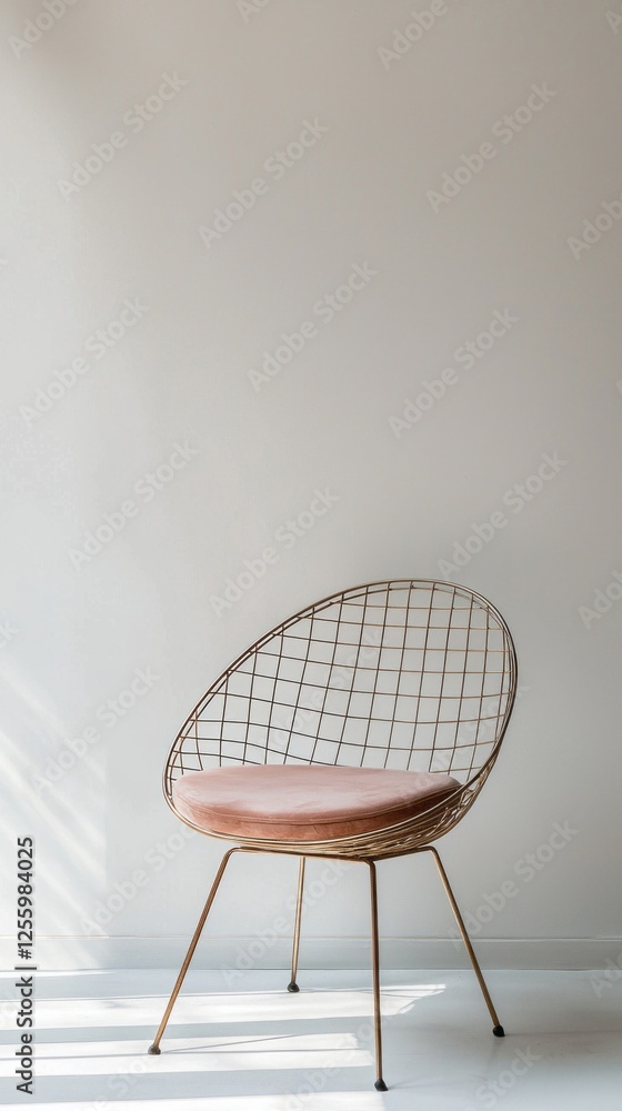 Poster A modern chair with an intricate wire frame and a soft pink cushion stands gracefully against a smooth white wall, inviting relaxation in a tranquil setting filled with light