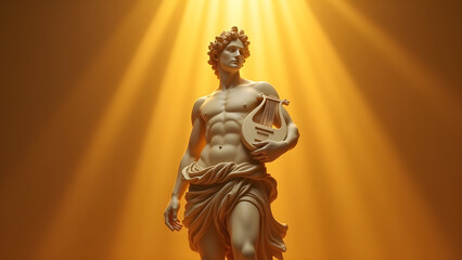Magnificent marble statue of Apollo, the Roman god of music, poetry, and the sun. Bathed in divine golden light, he holds a lyre, symbolizing harmony, creativity, and enlightenment.