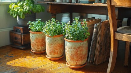 Fototapeta premium Sunlit indoor herb garden with lush green potted plants on rustic wooden floor