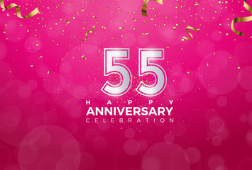55th Anniversary celebration, 55 Anniversary celebration, Realistic 3d sign, stars, Pink background, festive illustration, Silver number 55 sparkling confetti, 55,56