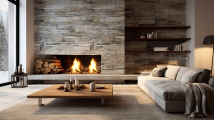 Minimalist Stone Tiled Fireplace Decor
