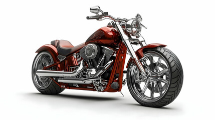 3D Illustration- Red and Chrome Motorcycle, Chopper Style on White Background