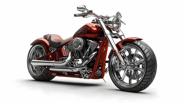 3D Illustration- Red and Chrome Motorcycle, Chopper Style on White Background