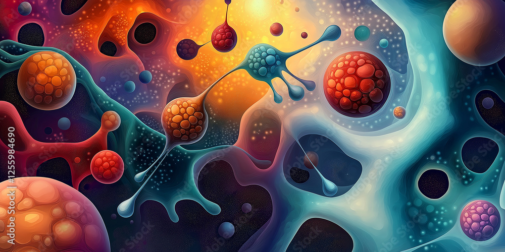 Poster colorful abstract organic shapes connecting and interacting in a dynamic scene