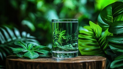 Glass of water, jungle backdrop, refreshing drink, nature scene, ad
