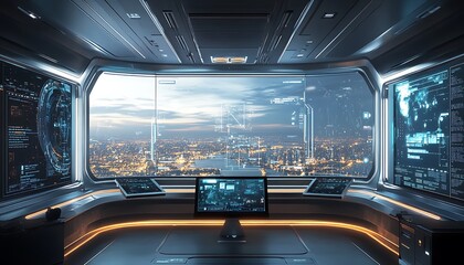 Futuristic control room with city view, featuring advanced technology and displays.