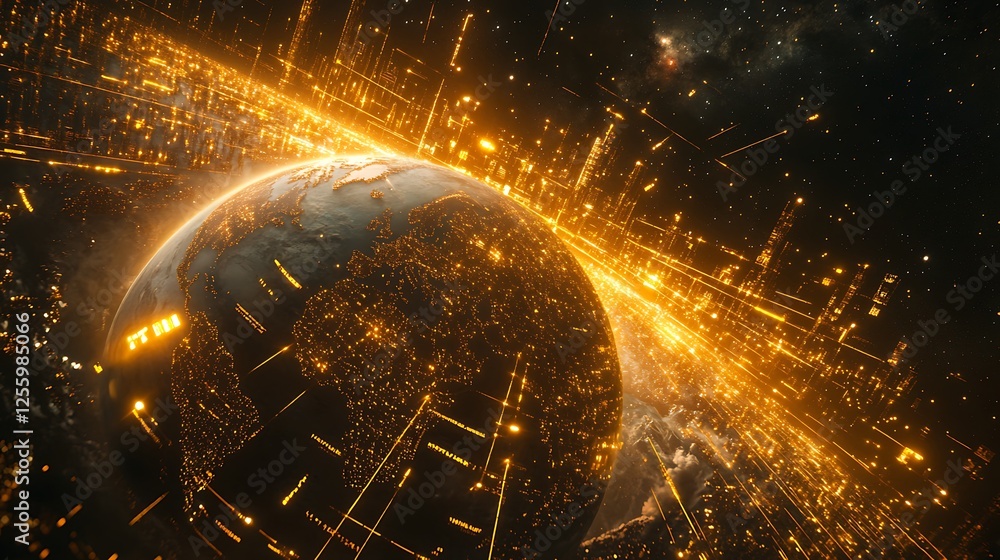 Poster digital earth with glowing data lines in space, a globe with yellow and white lines connection