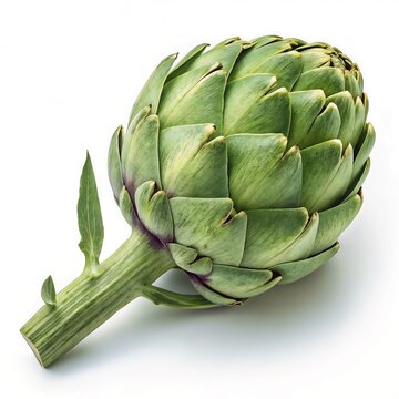 Artichoke with large, rounded form, tightly-packed green scales, long green stem with leaves, Mediterranean vegetables, nutrien, seasonal harvest, healthy cooking ingredients, plant-based diet.