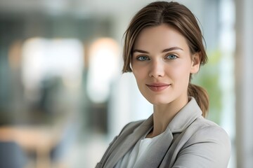 Naklejka premium Confident Young Woman in Professional Attire, Exuding Success and Positivity, Smiling Serene in Modern Office Setting, Portraying Strength and Ambition.